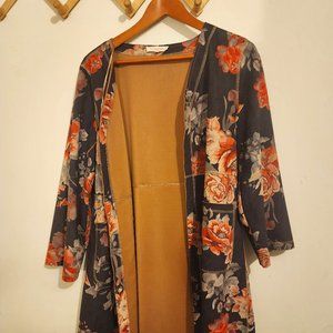 Anthropology Solitaire Women Faux Suede Duster Floral Open Jacket Size L